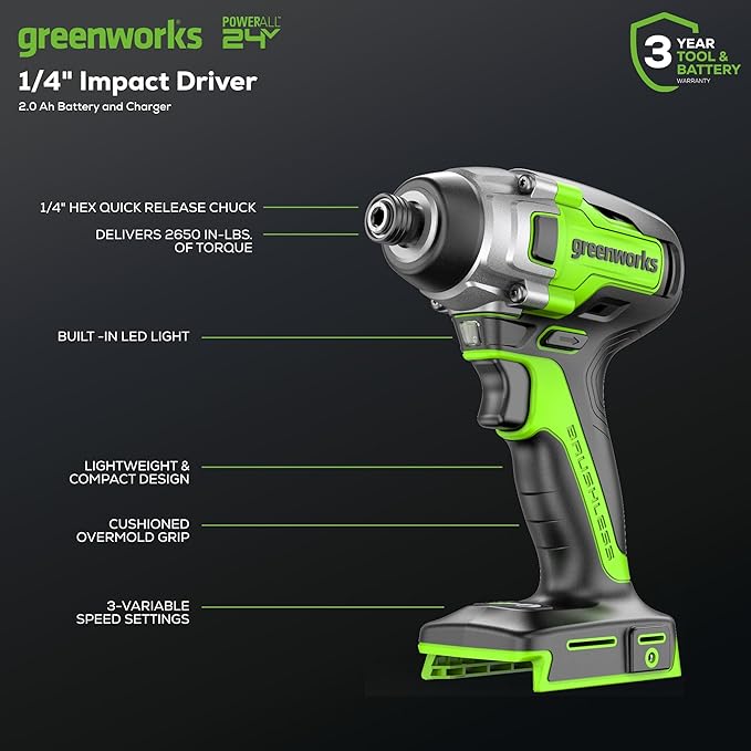 Greenworks 24V Brushless 2 pcs Cordless Power Tool Combo Kit, 2650 in./lbs Impact Driver and SDS 2J Heavy Duty Rotary Hammer Drill, Include 1 x 4Ah Batteries, 1 x 2Ah Batteries, 2 Charger