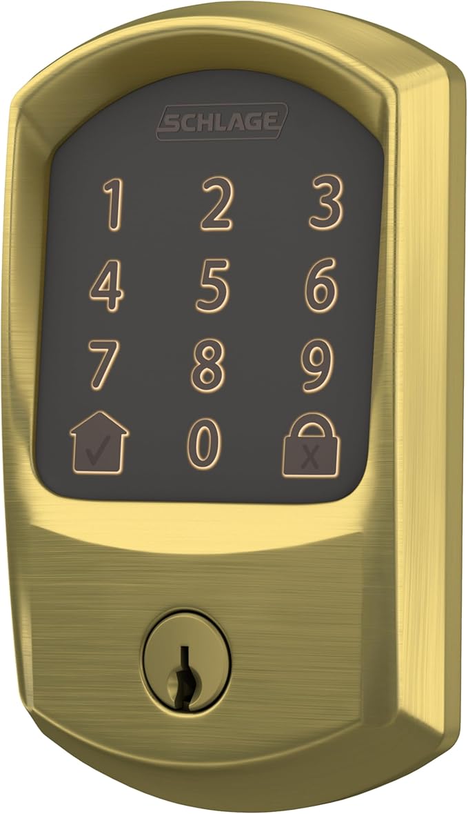 Schlage Encode Smart WiFi Deadbolt Lock for Front Door - Keyless Entry with App or Touchscreen - Compatible with Alexa, Hey Google, & Airbnb - Create Codes for Guests - Satin Brass Gold