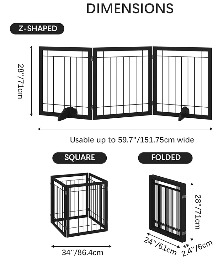 JSB 72-inch Extra Wide 28-inch Tall Dog gate, Freestanding Pet Gate for Halls, Stairs & Home, Pet Puppy Safety Dog Fence with 2PCS Support Feet (Black)