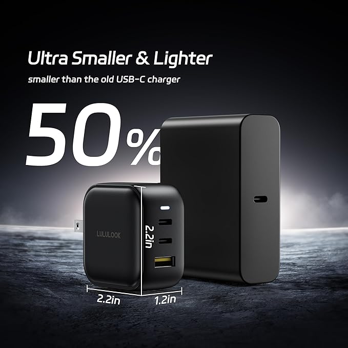 LULULOOK 65W USB C Charger, 3-Port GaN Fast Charger Block, USB Type C Wall Adapter Travel Charger for MacBook Pro/Air, iPad Pro, iPhone 16, Galaxy S24, Surface Laptop, Dell XPS, UK/EU/AU Plug Included