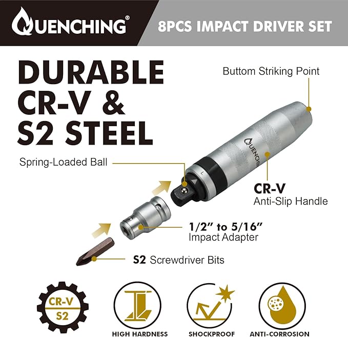 8-Pcs 1/2 Inch Drive Impact Driver Set, CR-V Extractor, Hand Manual Reversible Impact Screwdriver, 5/16 Inch Bit Adapter with S2 Steel Bits for Rusted Fasteners or Frozen Bolts