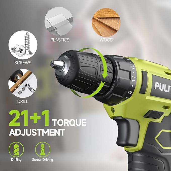 PULITUO 12V Green Cordless Drill Set - Power Drill Kit with Battery and Charger, 3/8-Inch Keyless Chuck, Built-in LED, 21+1 Torque Setting
