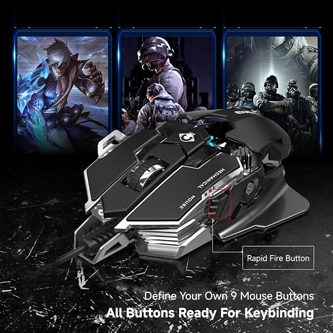 EWEADN G5 Wired Gaming Mouse, Ergonomic RGB Computer Mouse, 12800 Adjustable DPI, 9 Programmable Macro Buttons with Rapid Fire Key Compatible for PC/Laptop/Windows-Black&White