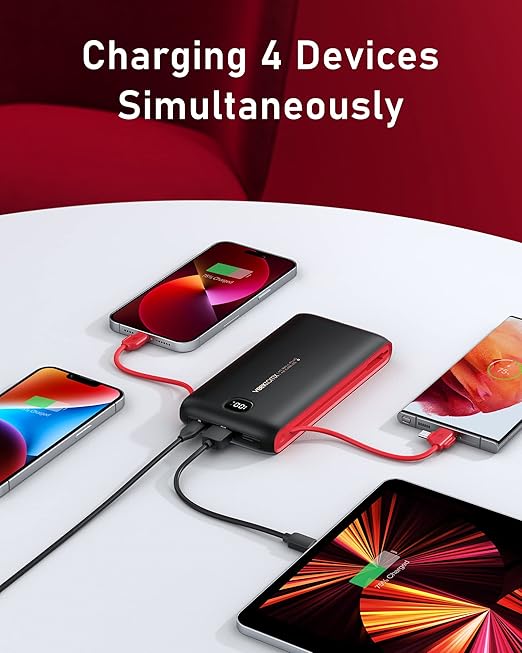 VEEKTOMX Portable Charger with Built in Cables 20000mAh, Power Bank for iPhone with AC Wall Plug, Fast Charging USB C Slim Battery Pack with LED Display Compatible with iPhone15/14/13, Samsung