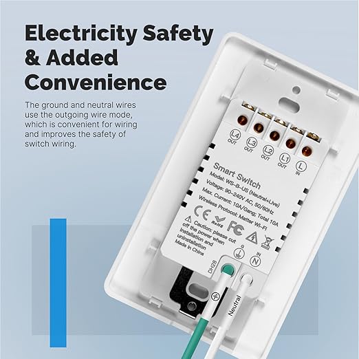 Matter WiFi Smart Light Switches, Netural Wire Required, 2.4GHz Single Pole Switch, Compatible with Alexa Assistant, Remote Control, Voice Control, No Hub Required (4 Way)