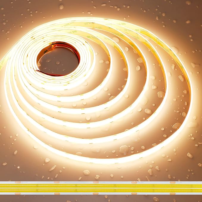 JOYLIT 24V COB LED Strip Lights 3000K Warm White Dual Row 16.4ft Waterproof 787LM/FT Ultra Bright CRI 95+, UL Listed PRO 7.6W/FT 960LEDs/M High Density 12MM Wide Adhesive Tape Light Task Lighting