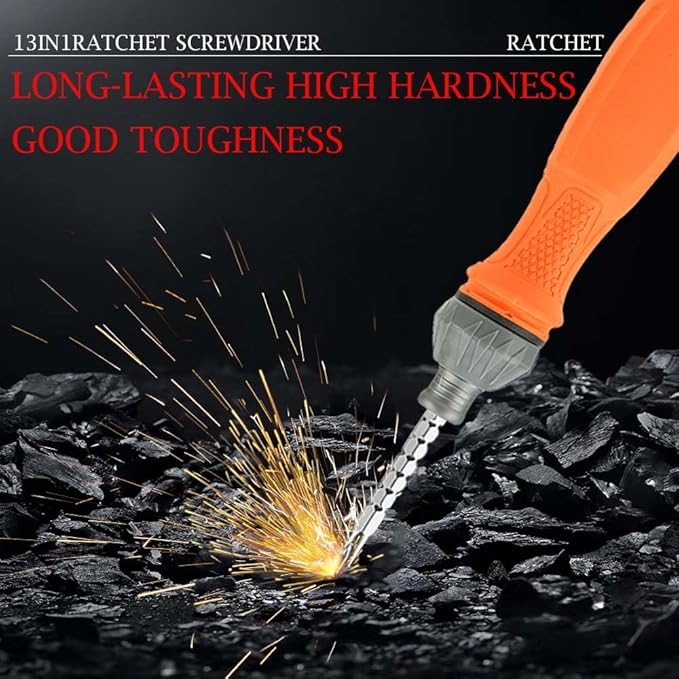 13-in-1 Ratcheting Screwdriver, 6 Double-Ended - Phillips, Slotted, U-Type/Triangle Bits, Hex Key & 1/4-Inch Nut Driver (Yellow)