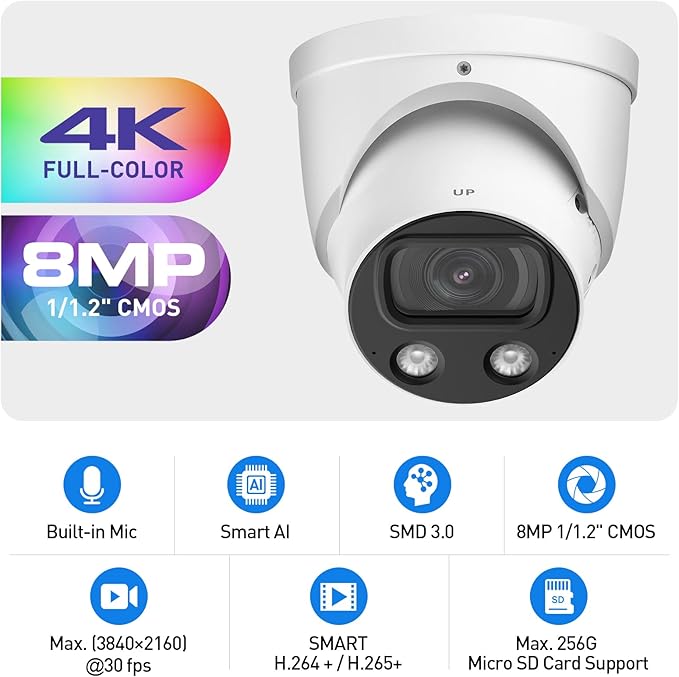 EmpireTech IPC-Color4K-T 4K Full-Color Ultra Low Light 8MP 1/1.2" CMOS Smart AI Starlight Turret IP Camera,Build-in Warm LED, Built-in Mic,SMD 3.0,PoE and ePoE,IPC-Color4K-T 3.6mm White