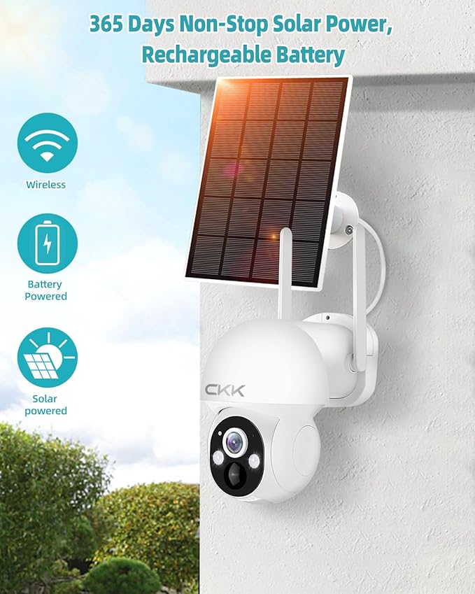 CKK 2.5K Solar Security Cameras Wireless Outdoor,Family Safety System,4 Cameras Kit with Full Color Night Vision,360° View,2.4Ghz WiFi Camera,2-Way Audio,Spotlight,128G Local Storage,No Monthly Fee