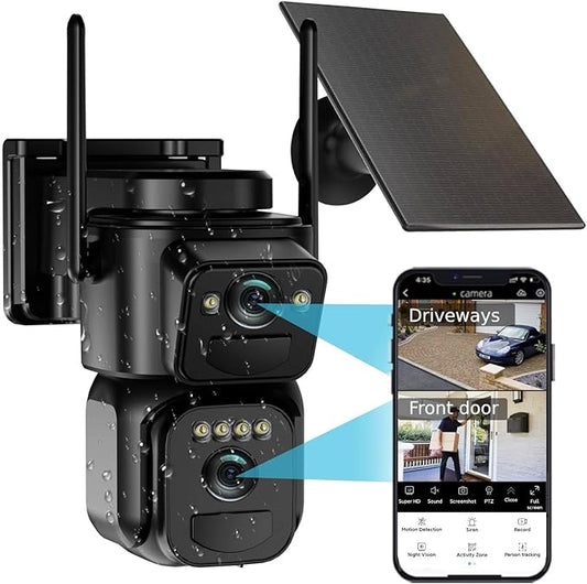 Uniter 4K Dual Lens Solar Security Camera Wireless Outdoor, 5G/2.4G WiFi 6, Panoramic & Tracking Cam 2 in 1 for Home Security with Color Night Vision/PIR Motion Alarm/Human Tracking/PTZ/2-Way Audio