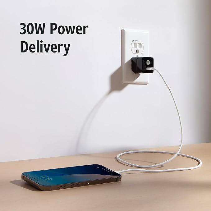 AT&T USB-C Fast Charging Wall Charger Cube Foldable Power Adapter Plug Brick Compatible w/iPhone 15/16/Plus/Pro/Pro Max, Galaxy S25/S24/Plus/Ultra 30W Black