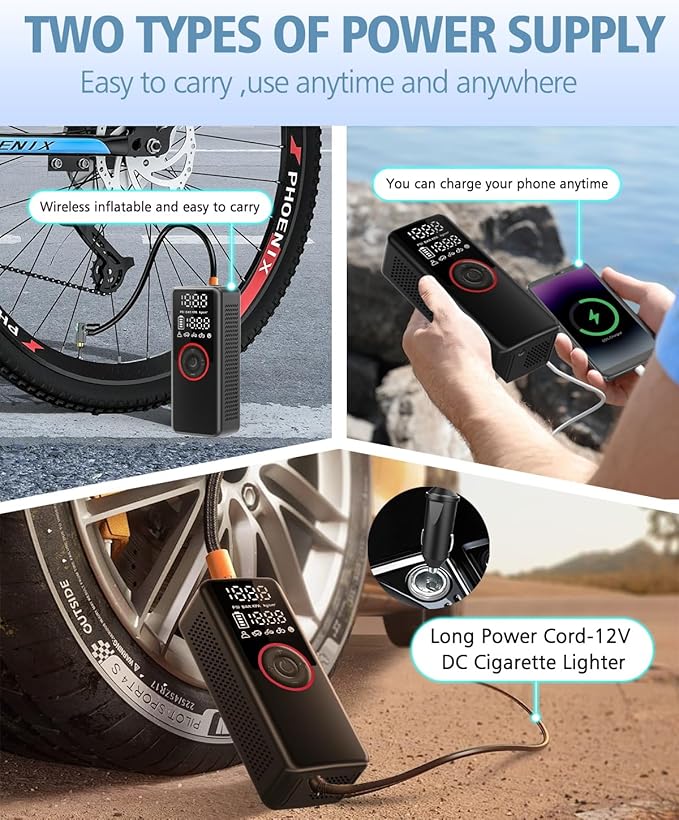 Tire Inflator Portable Air Compressor Air Pump for Cars, Bikes & Motorcycle Tires, 25mm Cylinder Pump with 150PSI for 3X Faster Inflation, Dual Cordless and DC12V Power with Accurate Pressure Gauge