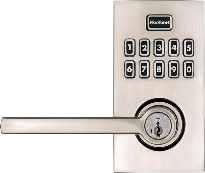 Kwikset SmartCode 917 Keypad Keyless Entry Contemporary Residential Electronic Lever Lock Deadbolt Alternative with Halifax Door Lever and SmartKey Security, Satin Nickel