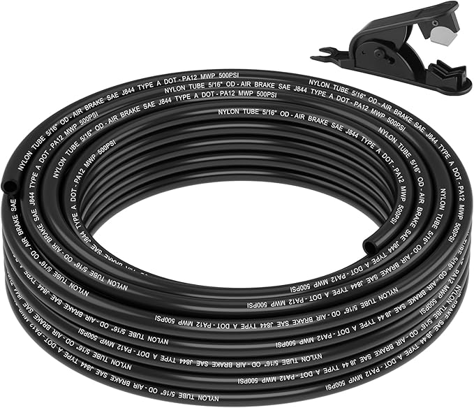 35FT 5/16 DOT Air Line SAE J844 PA12 Nylon Air Hose with Cutter 5/16” OD Pneumatic Tubing DOT Approved 5/16 Air Brake Hose for Air Suspension Kit Truck Trailer Brake System & Fluid Transfer 11m