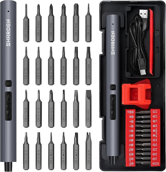 SHARDEN Mini Electric Screwdriver, 29 in 1 Small Electric Screw Driver Kit with 24 Magnetic Bits, Precision Cordless Repair Tool for Phone, Camera, Laptop, Watch
