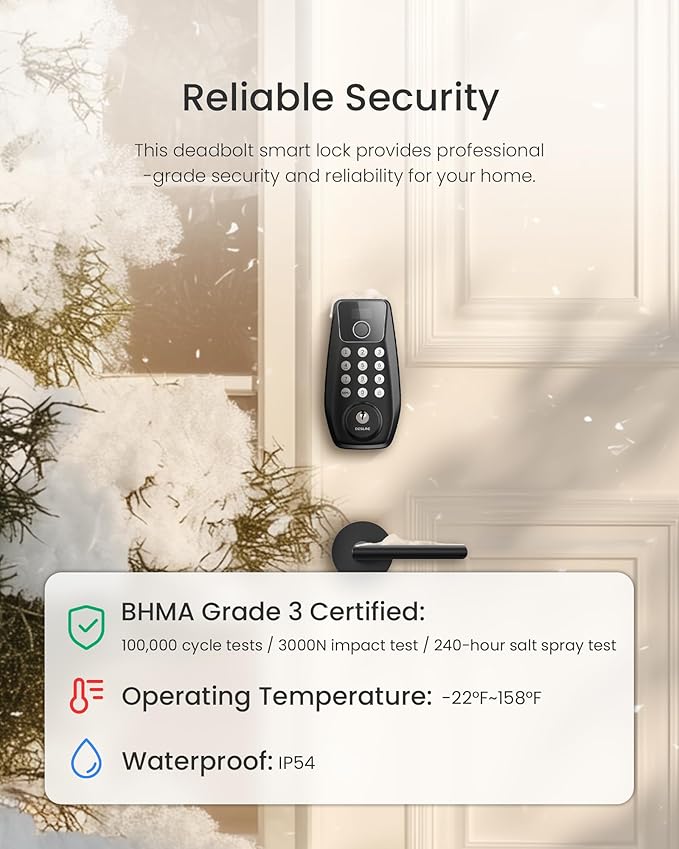 DESLOC C110 Keyless Entry Door Lock with 2 Lever Handles&Smart Screen, Digital Smart Front Door Lock Set, Fingerprint Door Locks, Keypad Deadbolt, Auto-Lock, Backlit Keys, Passage Mode, IP54, Black