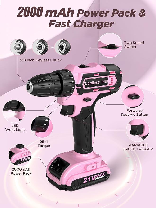 Pink Cordless Drill Set 142 Pcs, 21V Pink Power Drill Tool Set Kit with Storage Bag, Electric Drill Set for Women, Precision Screwdriver set, Magnetic Tool Belt, for Home DIY Projects