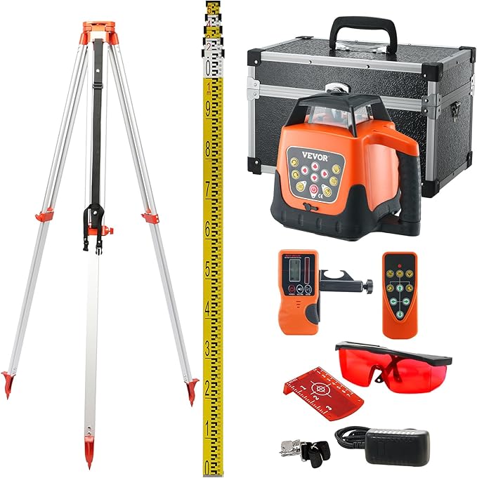 VEVOR Red Rotary Laser Level 1650ft,360 Degree Self Leveling Laser Level Kit,with Surveying Tripod&5m Staff,IP66 Waterproof Remote Control,5 Rotation Speeds&4 Angles Adjustment(Ship in Three Packages)