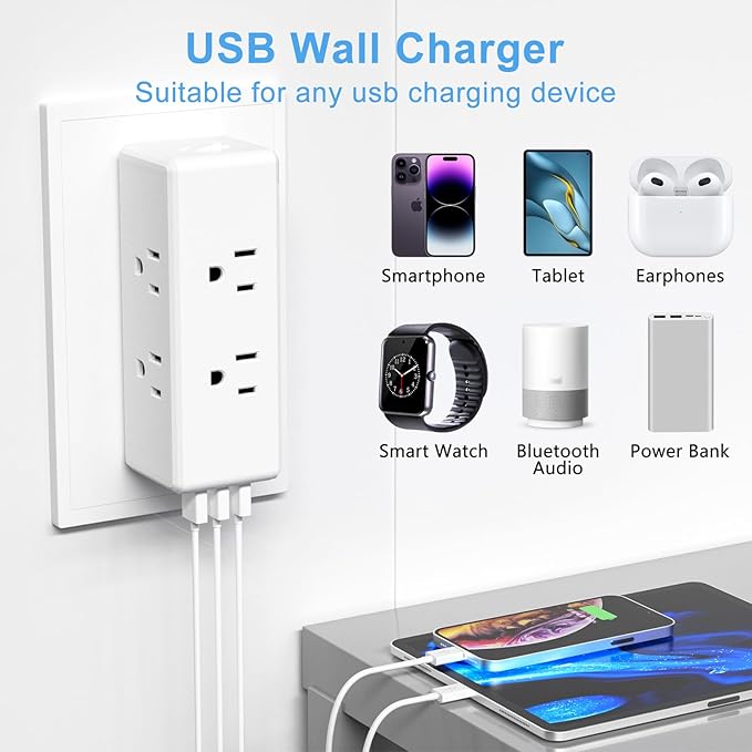 Multi Plug Outlet Extender with 6 Outlets & 3 USB Ports - MKSENSE Surge Protector Outlet Rotating Plug Adapter, 3-Sided Spaced Design for Home Office Travel (White)