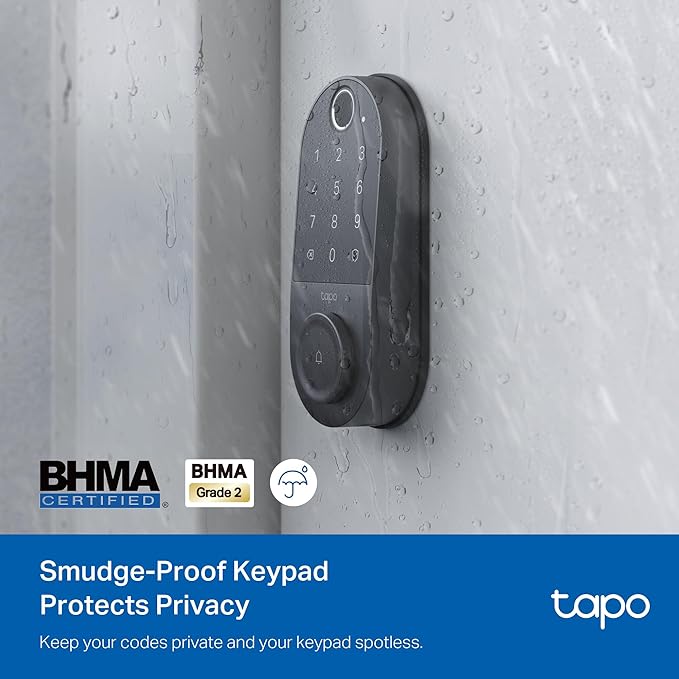 TP-Link Tapo Smart Door Lock, Deadbolt | Keyless Entry, Fingerprint Recognition, Touchscreen Keypad & in-App Monitoring with Scheduled Access | 1-Year Rechargeable Battery | BHMA Grade 2 | Tapo DL110