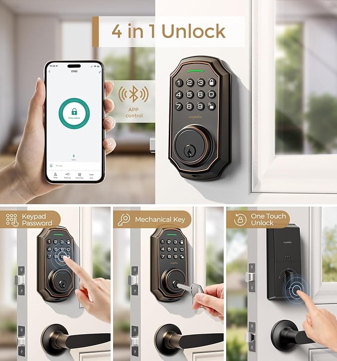Keyless Entry Door Lock with 2 Handle Set - Bluetooth Electronic Keypad & App Control - Smart Front Door Auto-Lock with Anti-Peeping Passcode