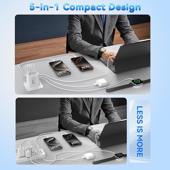 USB C Fast Charger Block, 60W 5-Port USB C Wall Charging Blocks, Type C Charger Fast Charging Brick, 3USB C+2USB A PD&QC3.0 Multiport Charger Plug for iPhone 17/16/15/14/13 Pro Max, iPad, Galaxy S25