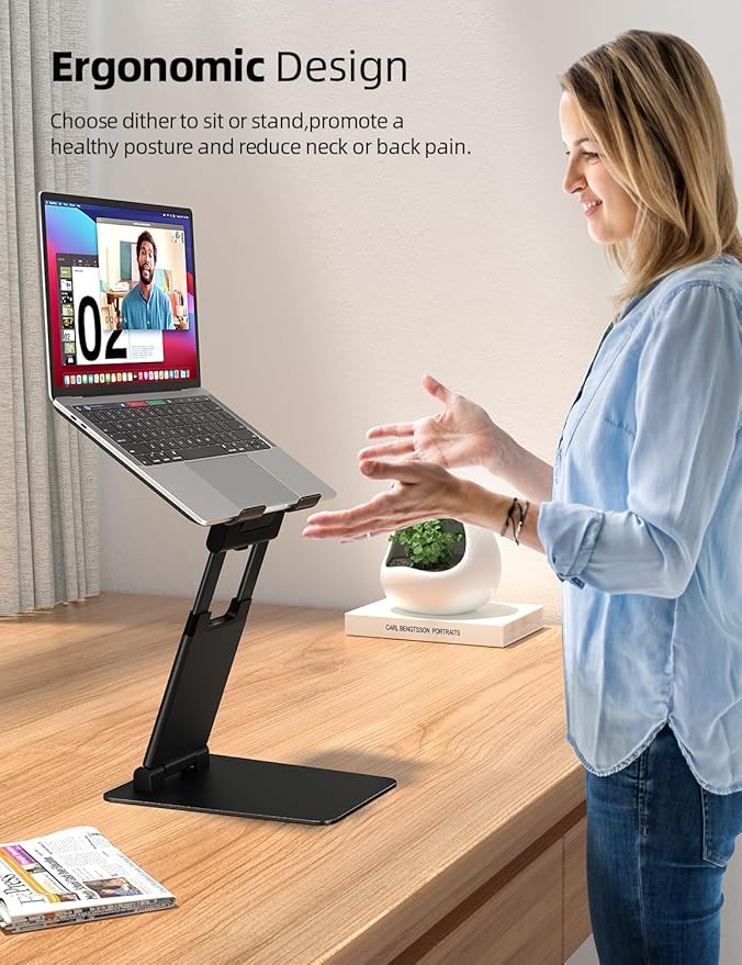 Nulaxy Height Adjustable Laptop Stand for Desk, Dual Foldable Aluminum Computer Riser, Pull Out Design Ergonomic Sit to Notebook Holder Convertor, Compatible with All 10-17" Laptops, Tablets, Black
