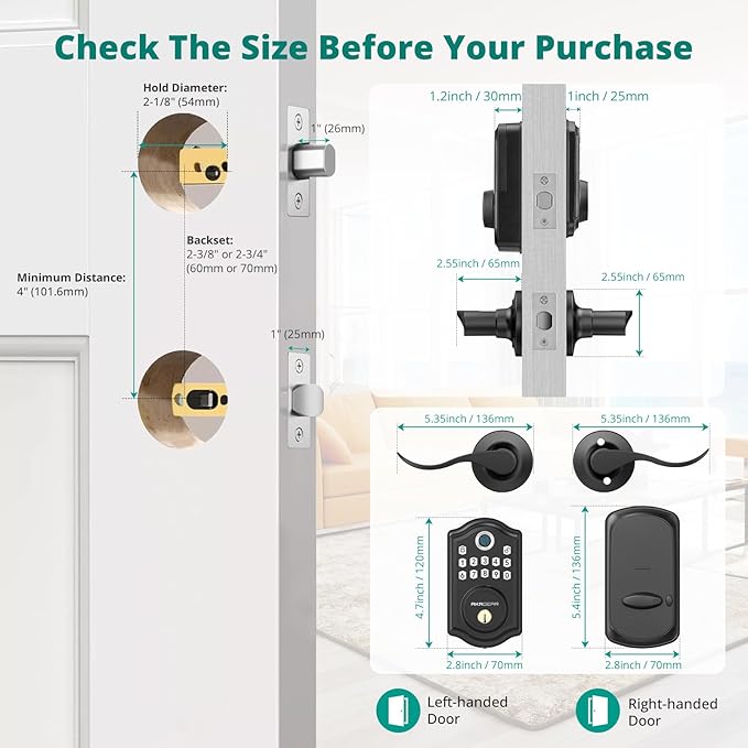 DS10 Keyless Entry Door Lock with 2 Lever Handle, Fingerprint, Keypad Code, 2 Keys, Smart Locks for Front Door, Bedroom, One-time Code, Auto-Lock, Easy Installation