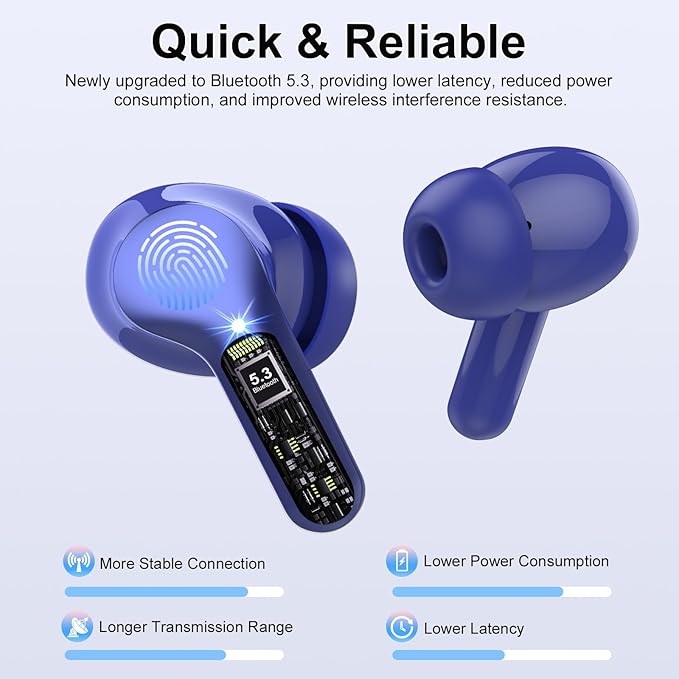 Wireless Earbuds, Bluetooth 5.4 Headphones HiFi Stereo, Bluetooth Earbuds with ENC Noise Cancelling Mic, IP7 Waterproof in Ear Earphones, 48H, LED Display Ear buds for Pad Workout Sports, Blue