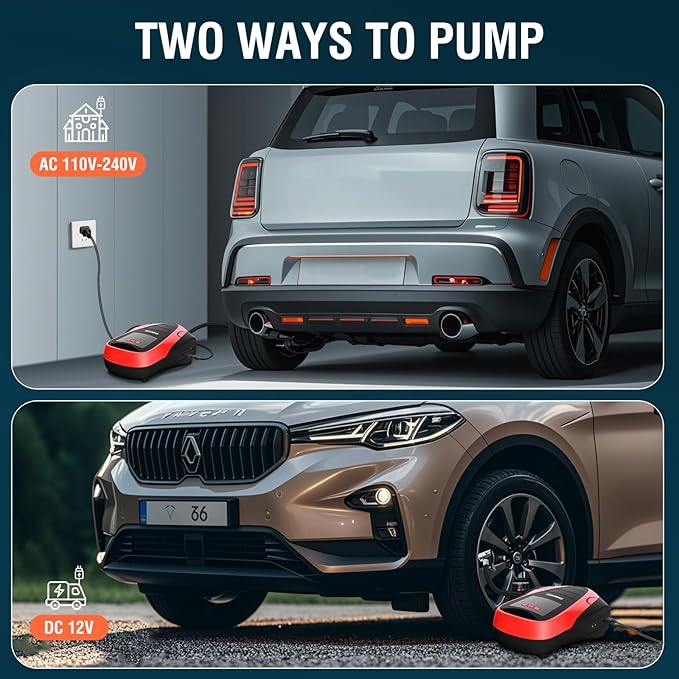 TEROMAS Tire Inflator Portable Air Compressor, Air Pump DC/AC for Car Tires 12V DC and Other Inflatables at Home 110V AC, Digital Electric Tire Pump with Pressure Gauge(Red)