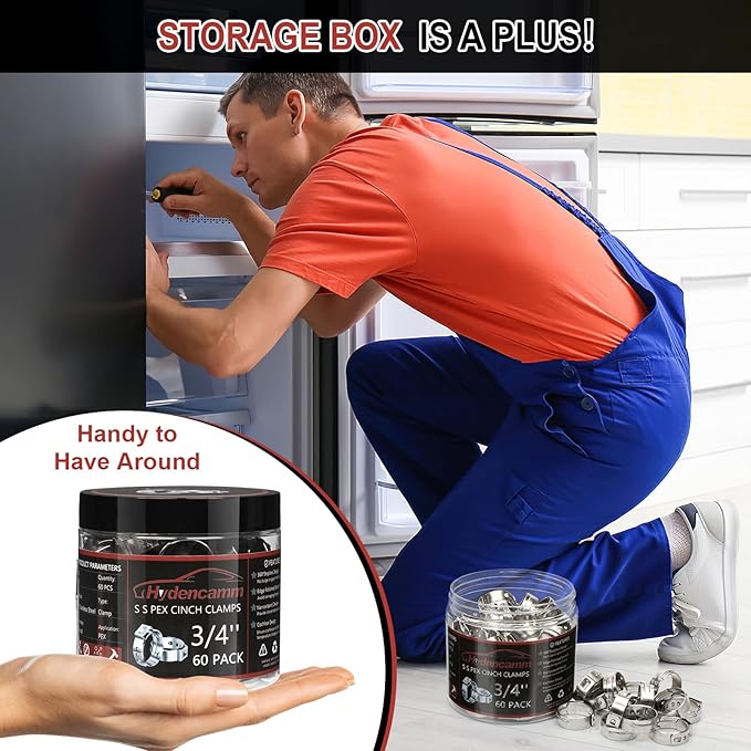 60 Pack 3/4 Inch PEX Crimp Rings, Premium 304 Stainless Steel Pex Clamps, Pex Cinch Clamp Rings with Storage Case for PEX Tubing Pipe Fitting Connections By Hydencamm(3/4"x60)