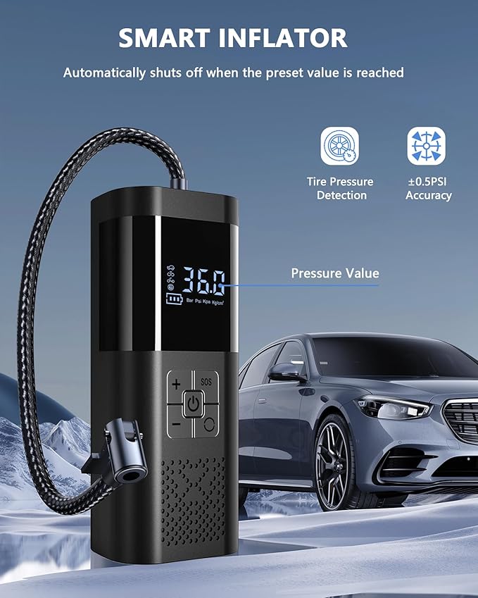 Tire Inflator Portable Tire Compressor, Cordless Tire Inflator with LED Light for Car Motorcycle Bicycle Ball, Car Accessories Essential for Men, 150PSI 12V DC Air Tire Pump with Gauge