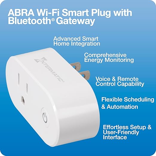Intermatic ABRA Wi-Fi Smart Plug - Voice Control w/Siri, Alexa & Google Home, Energy Monitoring, Built-in Bluetooth® Mesh Gateway for Optional ABRA Surface Switch and More, 2.4 GHz Wi-Fi Required