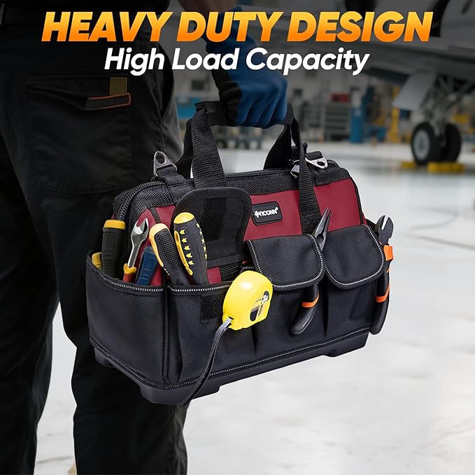 TICONN Heavy Duty Tool Bag with Multi-Pockets, Portable Tool Box Organizer Storage Bag, with Adjustable Shoulder Strap and Ergonomic Handle (Red, 16" Molded Base)
