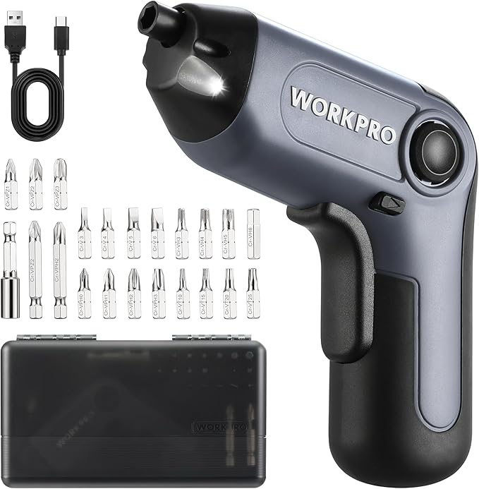 WORKPRO Electric Cordless Screwdriver with Offset Driving Shaft, 3.6V Automatic Rechargeable Screw Driver with 22PCS Bits, Battery Powered Automatic Screw Gun with LED Light & Carrying Case