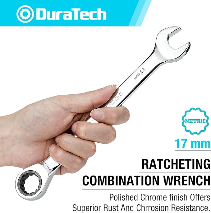 DURATECH 17mm Ratcheting Combination Wrench, SAE, 72-Tooth, 12-Point, CR-V Constructed with Mirror Polish
