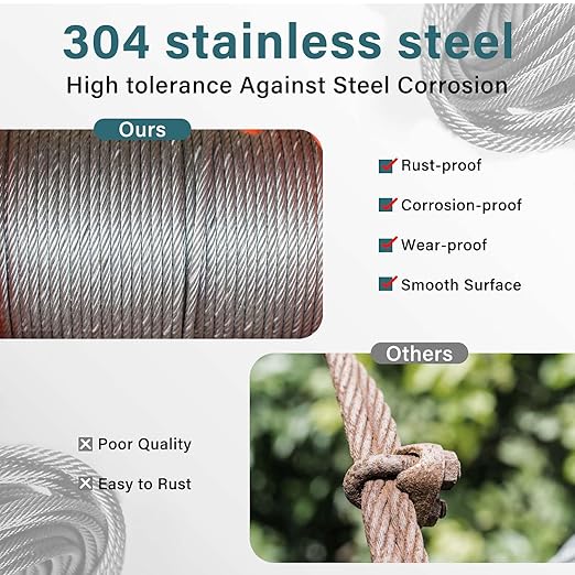 3/16 Wire Rope, 500ft 3/16 Stainless Steel Cable Wire, 7X19 Strand Aircraft Cable Wire Rope Kit, 3700lbs Breaking Strength 3/16 Steel Cable with 3/16 Cable Clamps,Thimble for Deck Railing Shade Sails