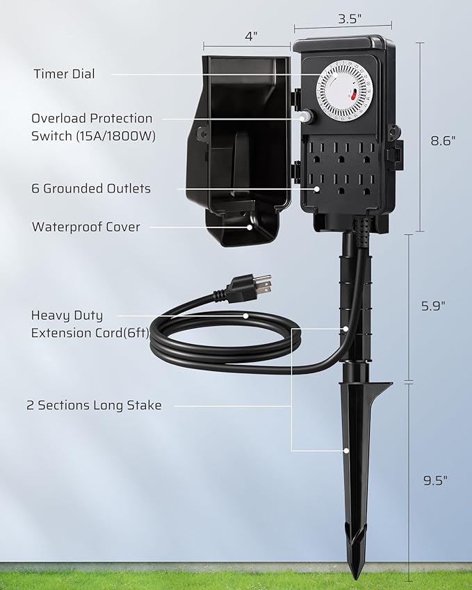 DEWENWILS Outdoor Mechanical Power Strip Timer, 24 Hour Multi Socket, Waterproof 6 Outlet Garden Power Stake, 6 ft Cord, 1800W/15A Heavy Duty, for Lights, Yard, Garden