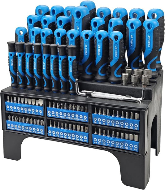 100-Piece Screwdriver Set with Storage Rack, Includes Slotted, Phillips, T-shaped, Z-shaped, Hex, Torx, Square, Precision, Ratchet Screwdriver or Bits, Nut Drivers, Ideal for Household Repair (Blue)