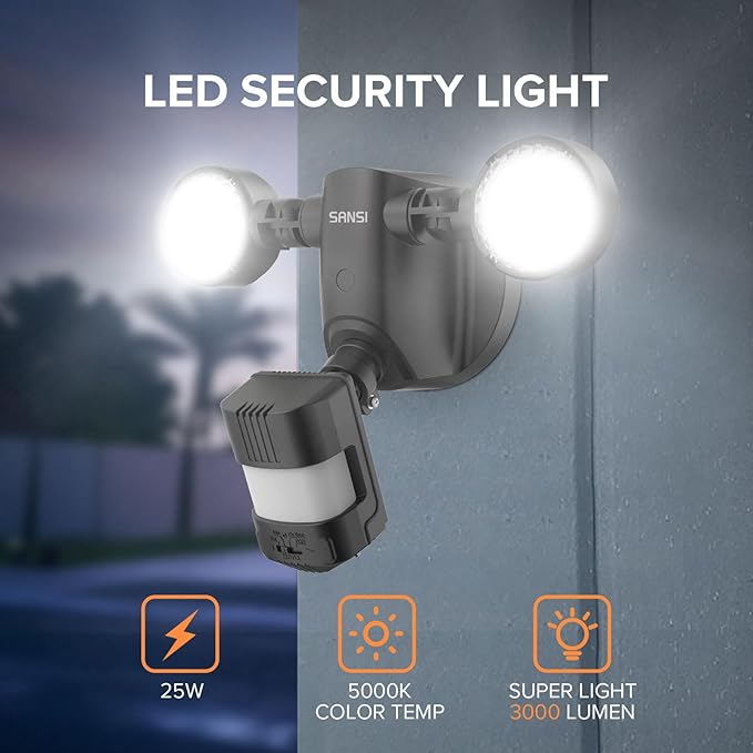 SANSI 25W 3000LM Motion Sensor Outdoor Security Lights, 5000K Daylight, Dusk to Dawn, 320° Angle Eave Mount Security Lights Super Bright for Yard, IP65 Waterproof, ETL Listed, Black