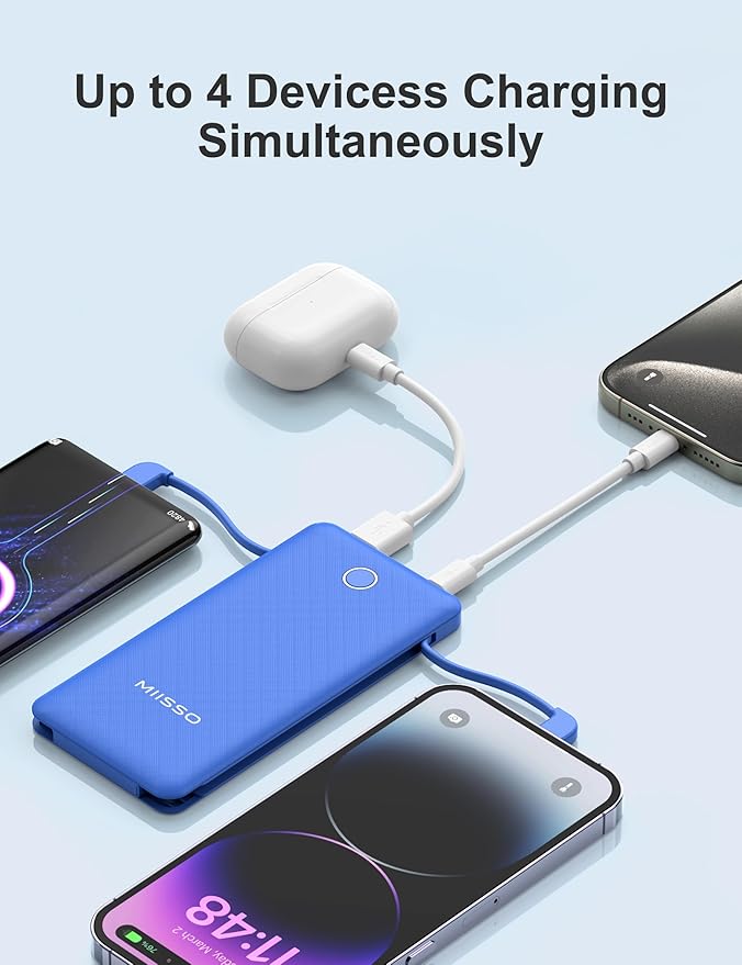 miisso 10000mAh Slim Portable Charger with Built in Cable, Power Bank Travel Charger External Battery Pack for Phone, 4 Output USB Type C Cord Clutch Charger Compatible with iPhone, Deep Blue