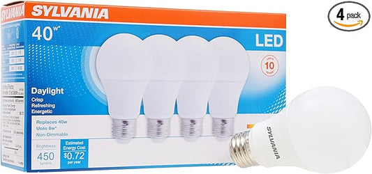 SYLVANIA LED Light Bulb, 40W Equivalent A19, Efficient 6W, Medium Base, Frosted Finish, 450 Lumens, Daylight - 4 Pack (74084)