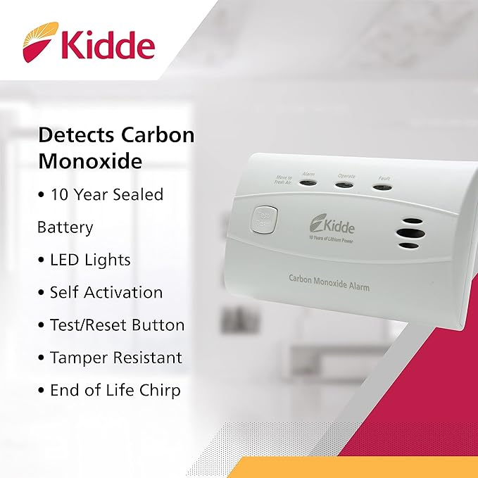 Kidde Carbon Monoxide Detector with 10-Year Battery, 3 LEDs, Replacement Indicator, Test-Reset Button