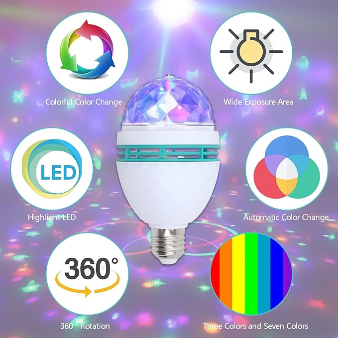 4 Pack Color Rotating Bulb E26 Party LED Bulbs,Multi Crystal Stage Lights for Disco,Color Changing Strobe RGB Bulb,Suitable for Indoor and Outdoor Birthday Parties,Clubs,Bars,Photography
