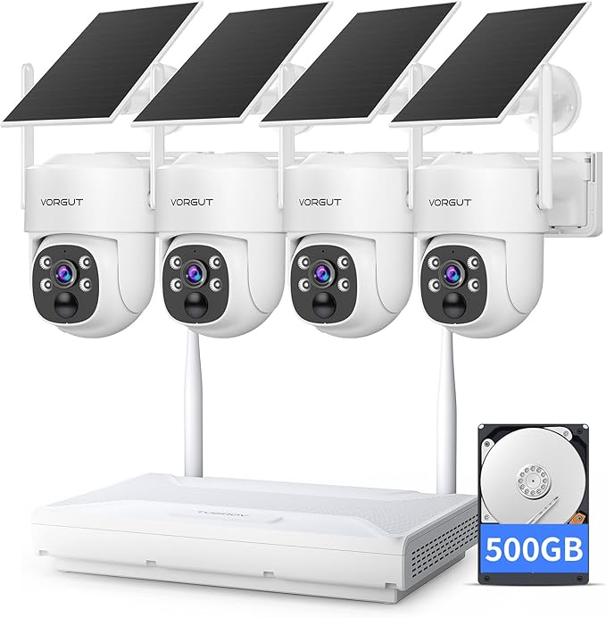 Wireless Solar Security Camera System, 4pcs 2K PTZ Outdoor Solar Powered Cameras, 10CH NVR with 500GB HDD, 360° Pan Tilt, Easy Setup, No Monthly Fee, Human Detection for Home Surveillance Kit