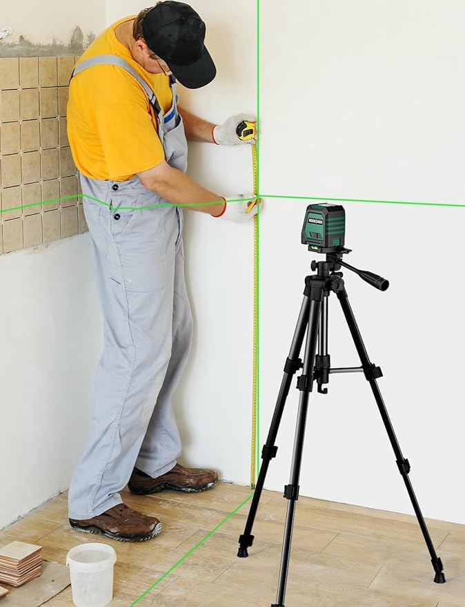 RockSeed Dual Modules Line Laser, Self Leveling Laser Level, Horizontal and 150° Vertical Green Beam, 2 AA Batteries, Carrying Bag, for Home Decoration/DIY/Construction Site