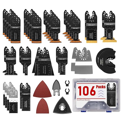 Adust 106 Pack Oscillating Saw Blades with Case, Universal Multitool Blades, Oscillating Tool Blade, Curved Blade/Extra Long/Titanium/Bi-Metal for Wood/Metal/Plastic Fit Dewalt Milwaukee Ryobi
