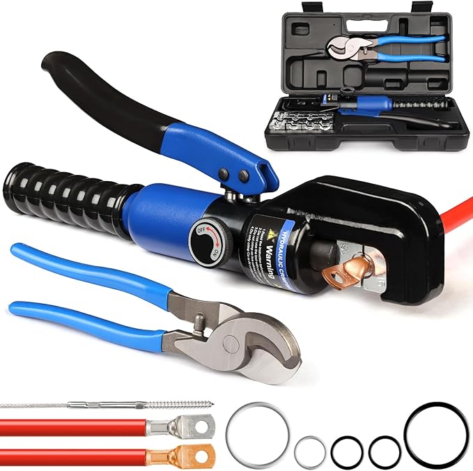 Solsop Hydraulic Crimping Tool 10 Ton with 9 Hex-Dies, 12–2/0 AWG Battery Cable Crimper with Cable Cutter for Copper, Aluminum Cable Lugs