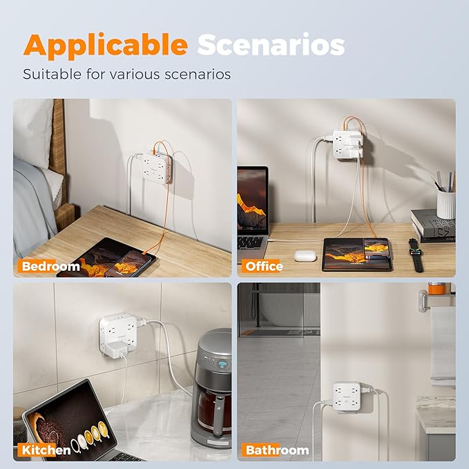 Multi Plug Outlet Extender, TESSAN Wall Surge Protector Plug Extender with 8 Sockets, Multiple Outlet Splitter with 3 USB Ports (1 USB C), Power Socket Expander with Switch for Home, Dorm, White