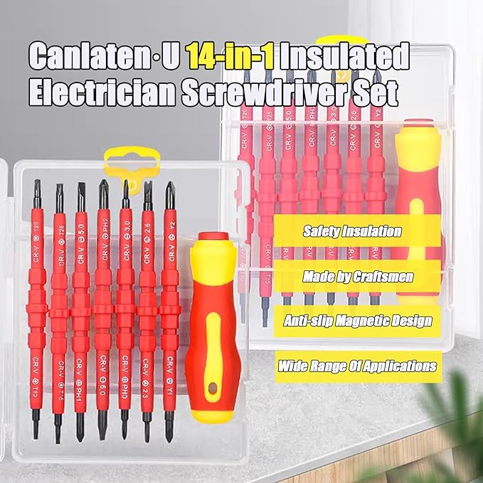 Insulated Electrician Screwdriver Set - 14 in 1 Magnetic Screwdriver Tool Kit Electrical Multifunctional Interchangeable CR-V Screwdrivers with Soft-Grip Screw Drivers